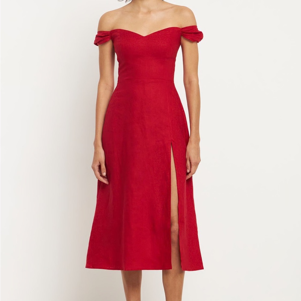 Reformation Bridgton off-shoulder linen midi dress